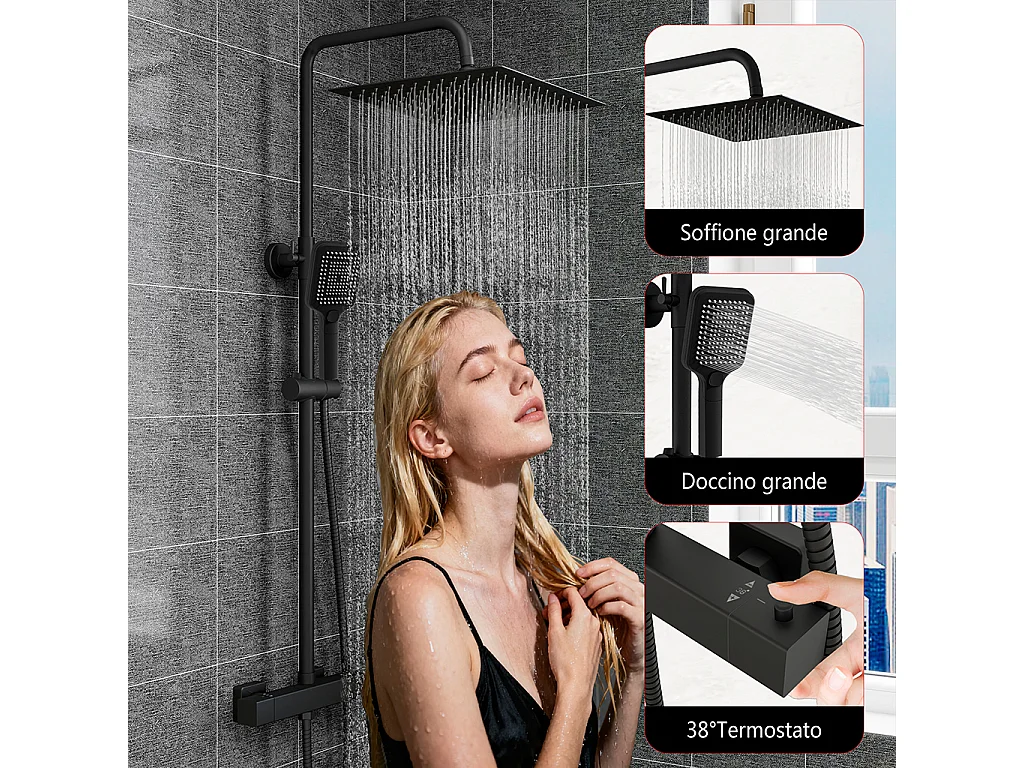 Grande soffione doccia 30x30cm con miscelatore termostatico e doccetta 25x10cm, nero