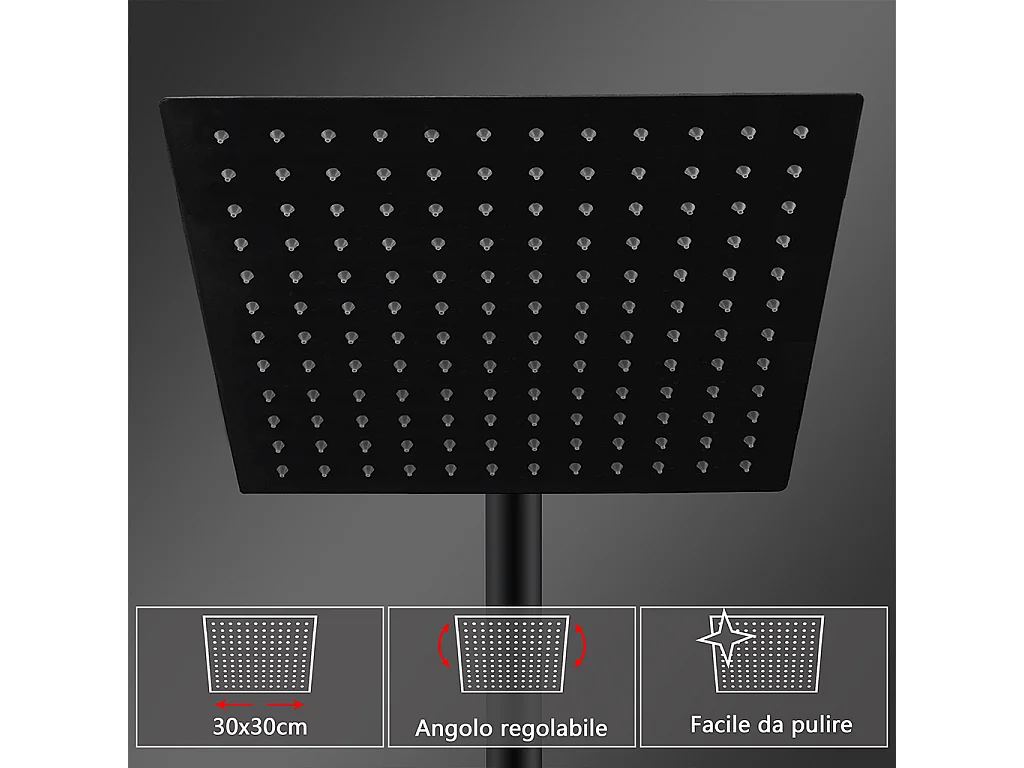 Grande soffione doccia 30x30cm con miscelatore termostatico e doccetta 25x10cm, nero