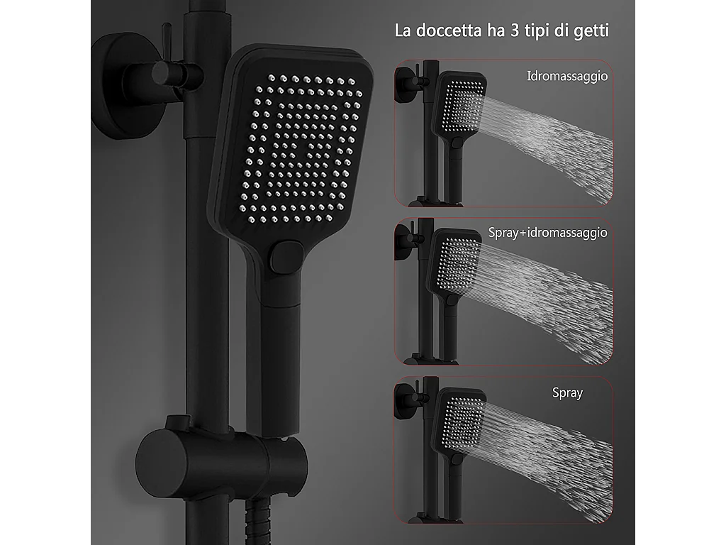 Grande soffione doccia 30x30cm con miscelatore termostatico e doccetta 25x10cm, nero