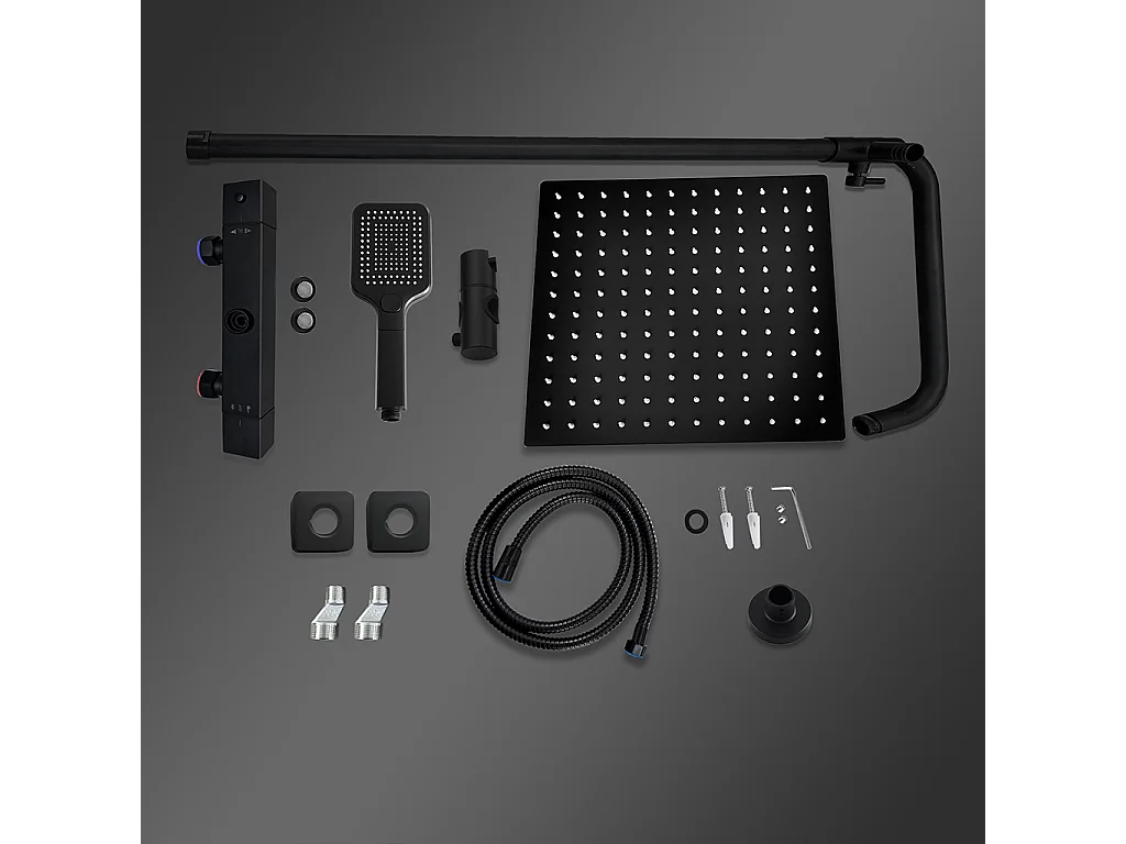 Grande soffione doccia 30x30cm con miscelatore termostatico e doccetta 25x10cm, nero