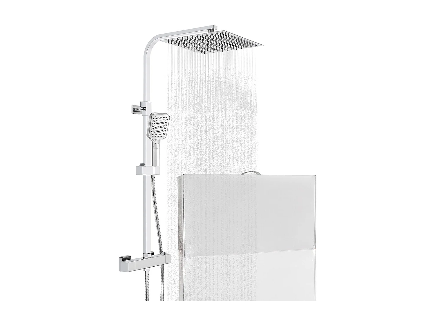 Colonna doccia quadrata completo di miscelatore termostatico rettangolo, soffione quadrato 30x30cm, cromo