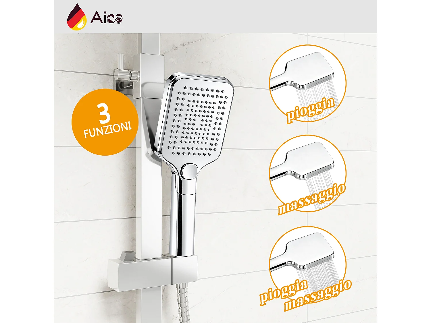 Colonna doccia quadrata completo di miscelatore termostatico rettangolo, soffione quadrato 30x30cm, cromo