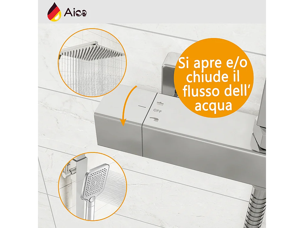 Colonna doccia quadrata completo di miscelatore termostatico rettangolo, soffione quadrato 30x30cm, cromo