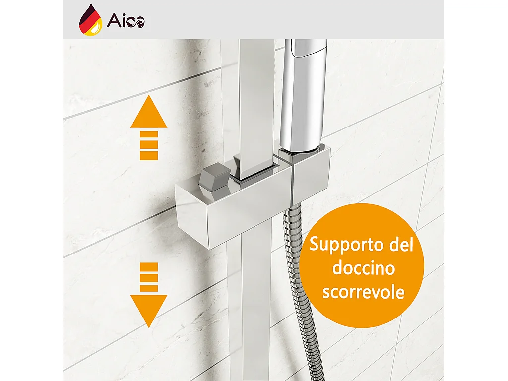 Colonna doccia quadrata completo di miscelatore termostatico rettangolo, soffione quadrato 30x30cm, cromo