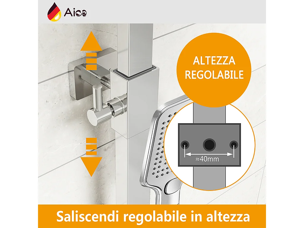Colonna doccia quadrata completo di miscelatore termostatico rettangolo, soffione quadrato 30x30cm, cromo