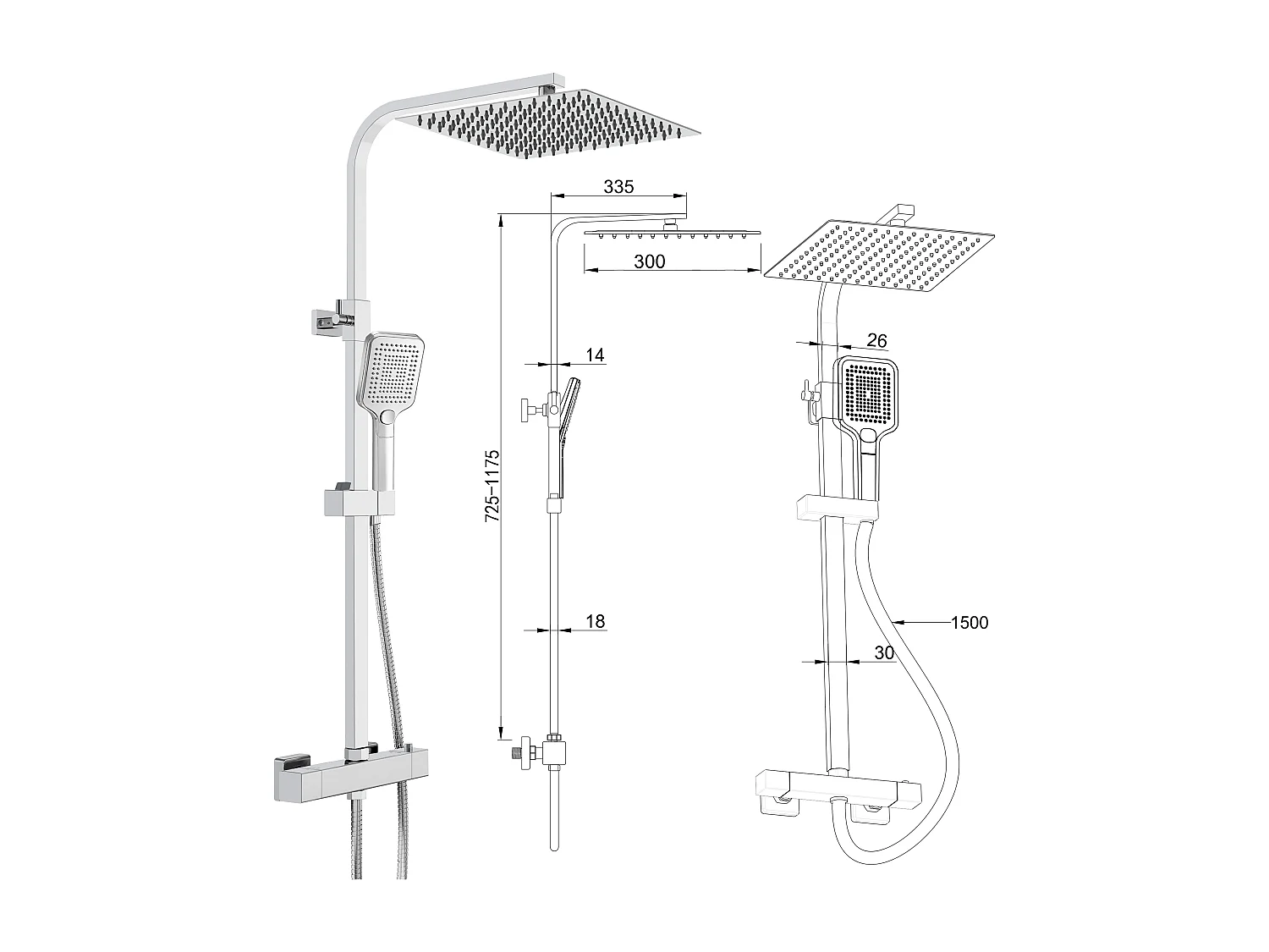 Colonna doccia quadrata completo di miscelatore termostatico rettangolo, soffione quadrato 30x30cm, cromo