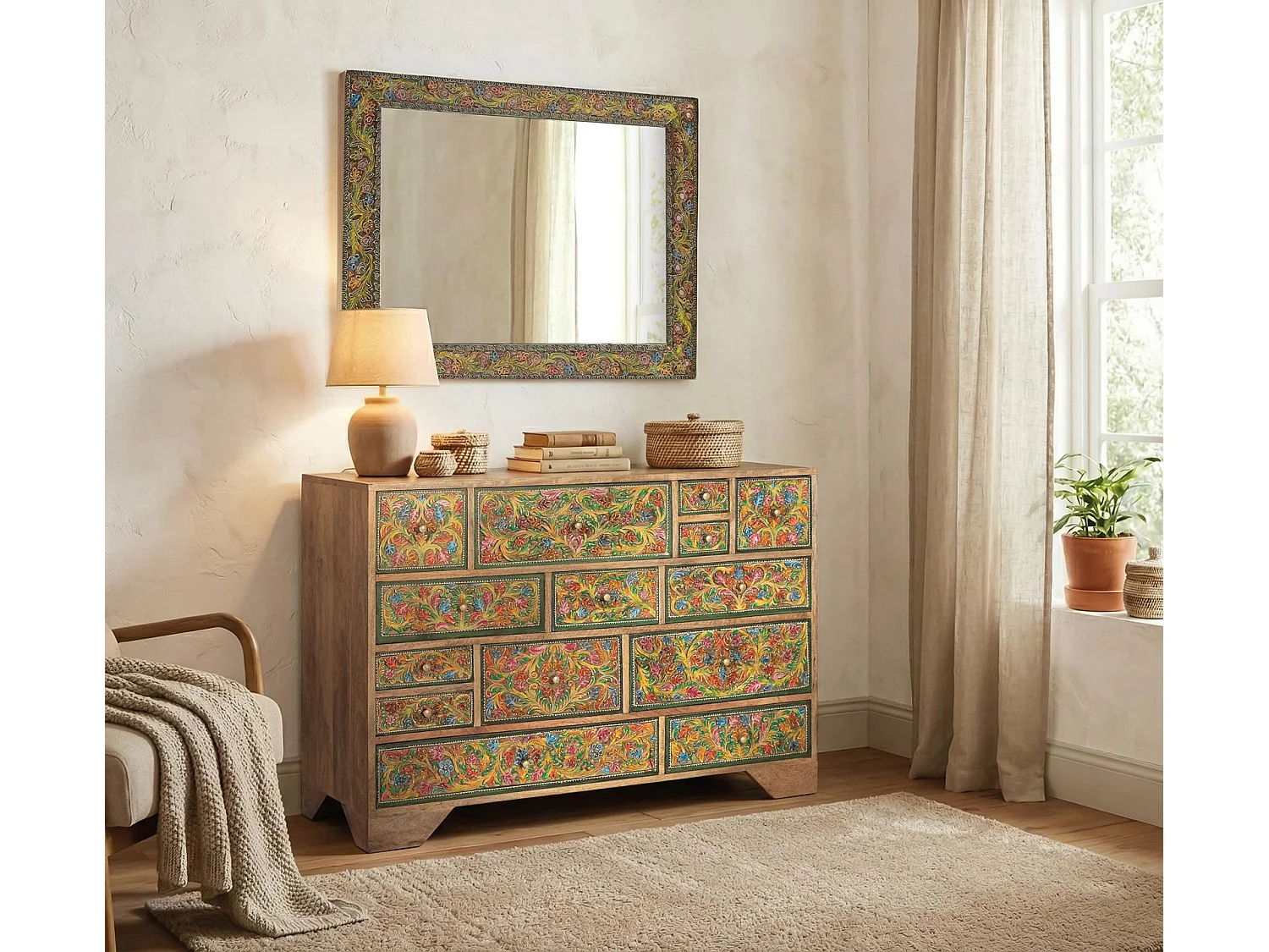 Commode en bois de manguier 116 cm, style ethnique - 80 x 116 x 36