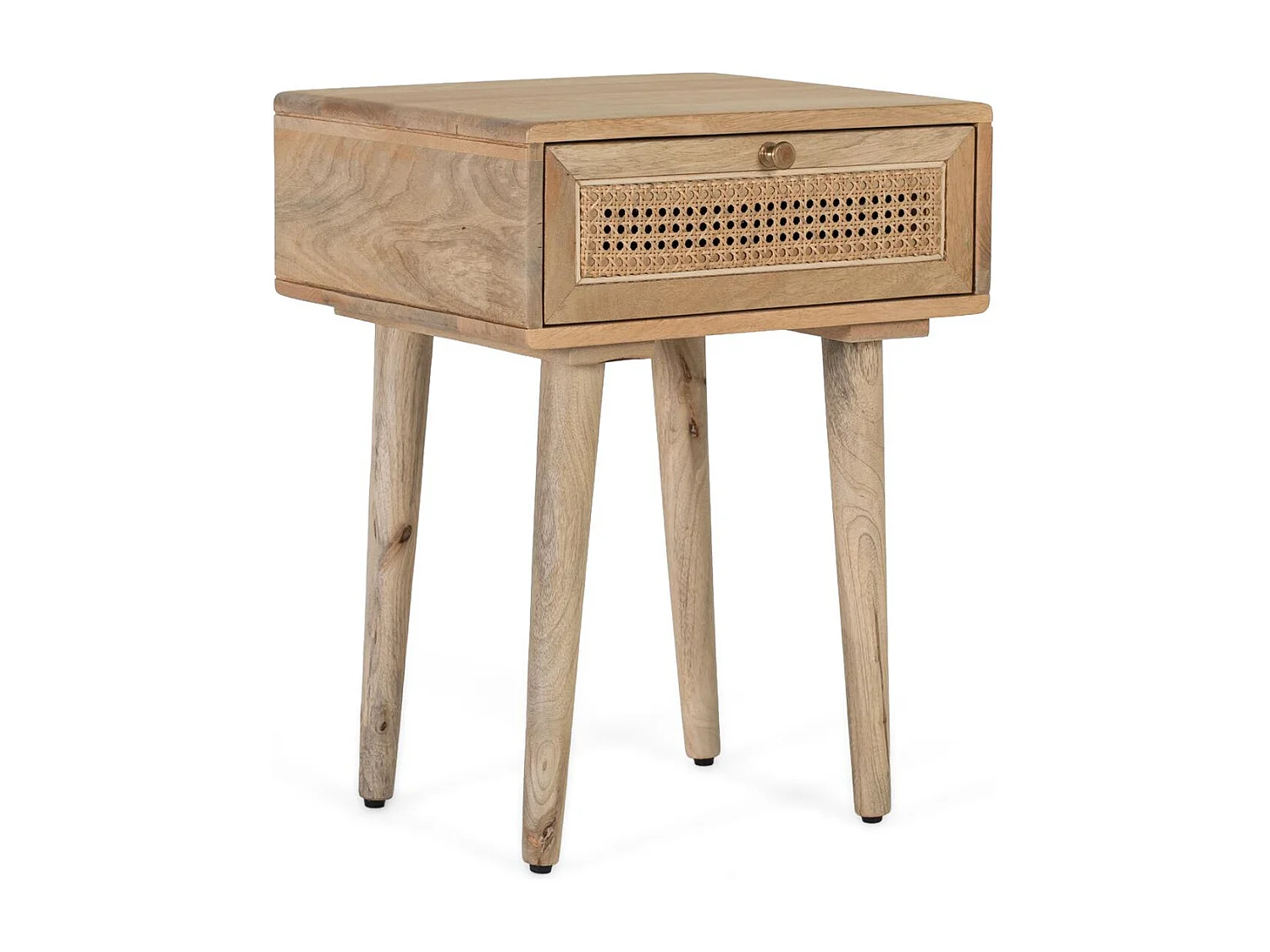 Table de chevet avec tiroir avant et structure en rotin tressé.