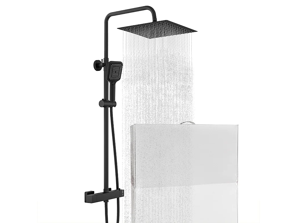 Colonna doccia rotonda completo di miscelatore termostatico rettangolo, soffione quadrato 30x30cm, nero