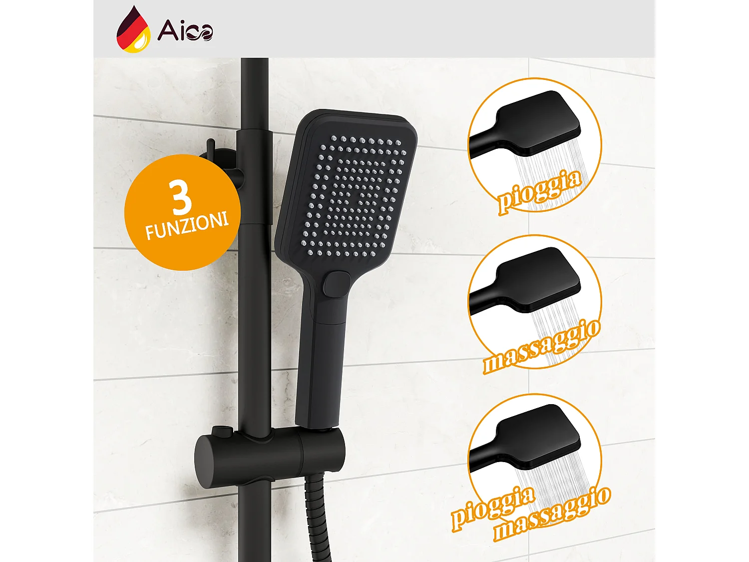 Colonna doccia rotonda completo di miscelatore termostatico rettangolo, soffione quadrato 30x30cm, nero