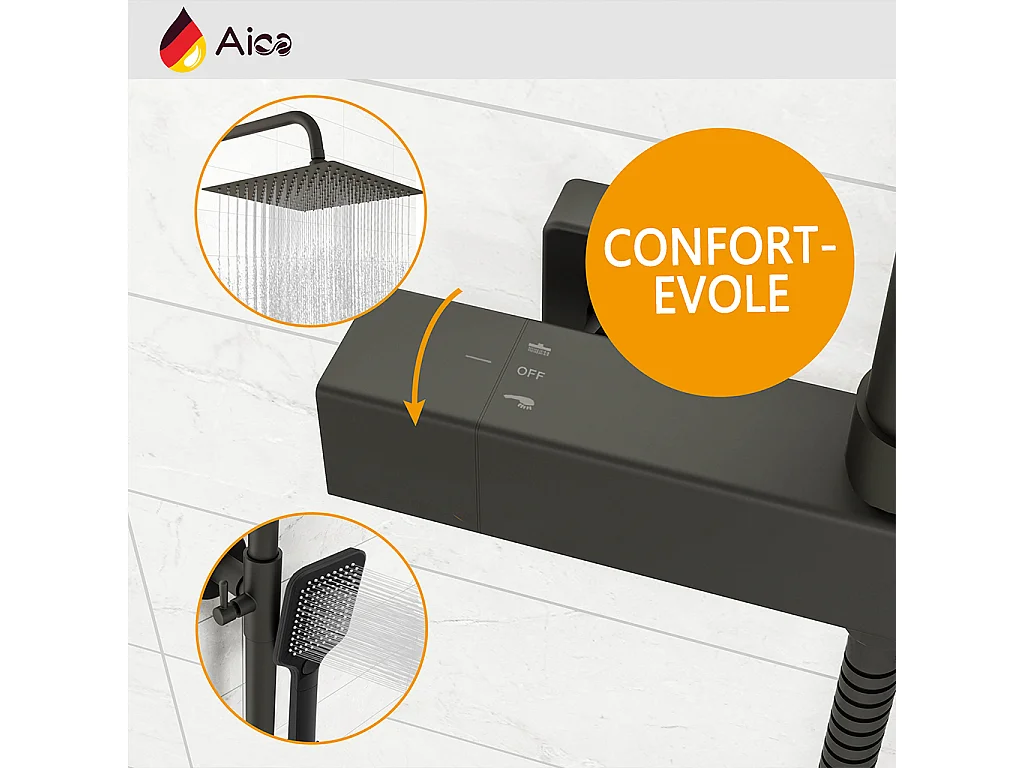 Colonna doccia rotonda completo di miscelatore termostatico rettangolo, soffione quadrato 30x30cm, nero
