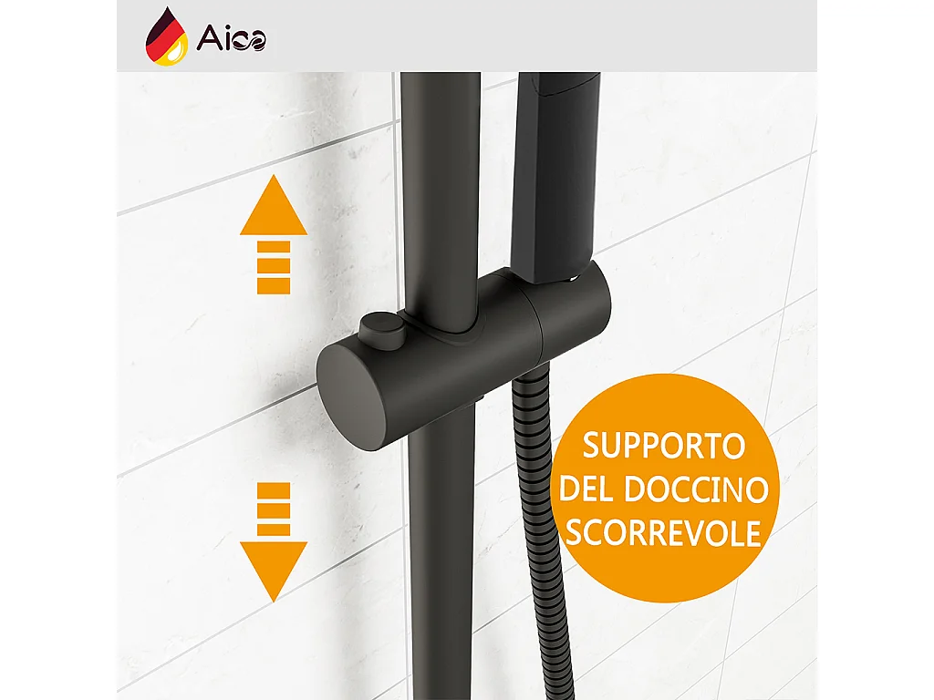 Colonna doccia rotonda completo di miscelatore termostatico rettangolo, soffione quadrato 30x30cm, nero