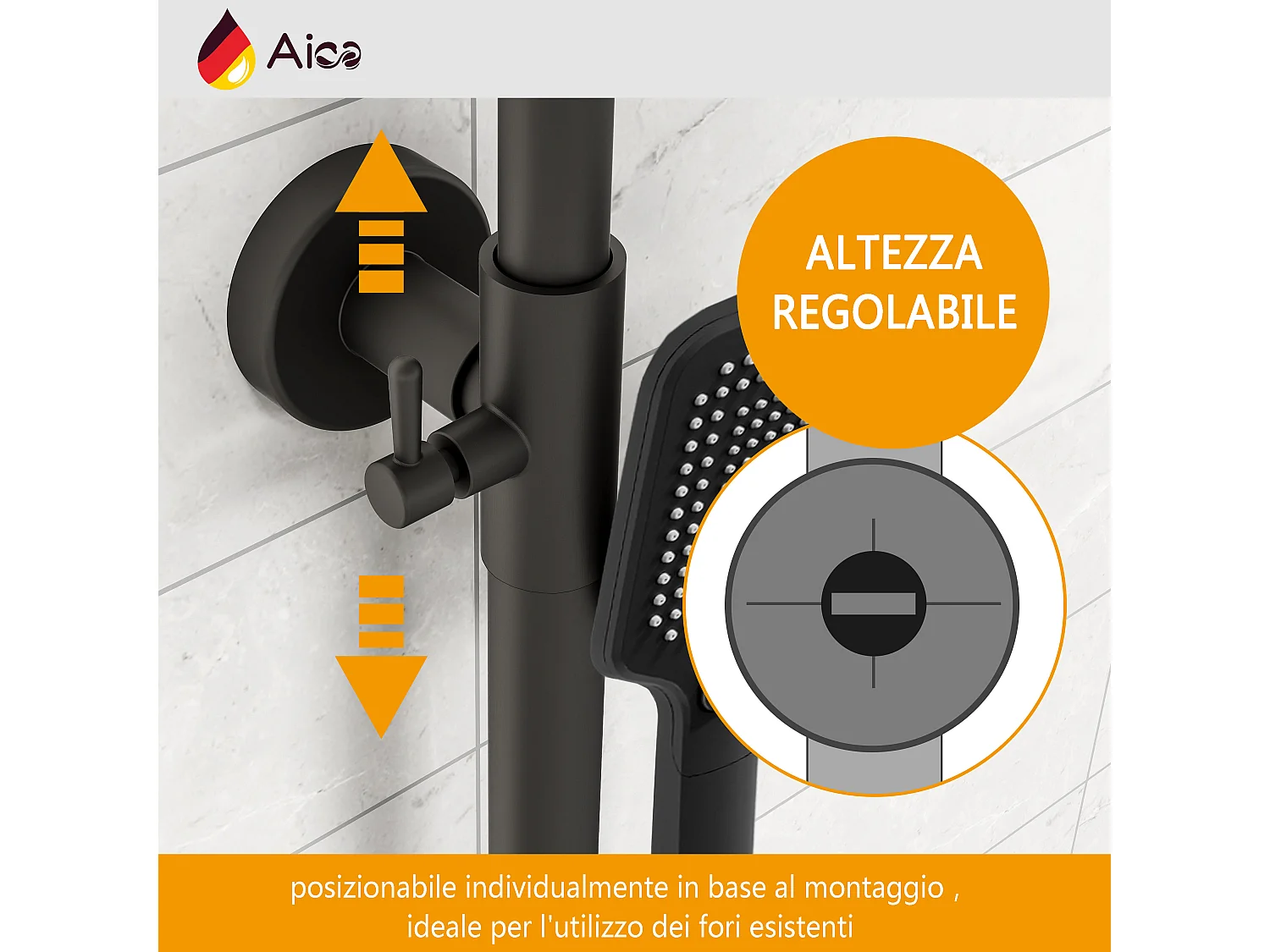 Colonna doccia rotonda completo di miscelatore termostatico rettangolo, soffione quadrato 30x30cm, nero
