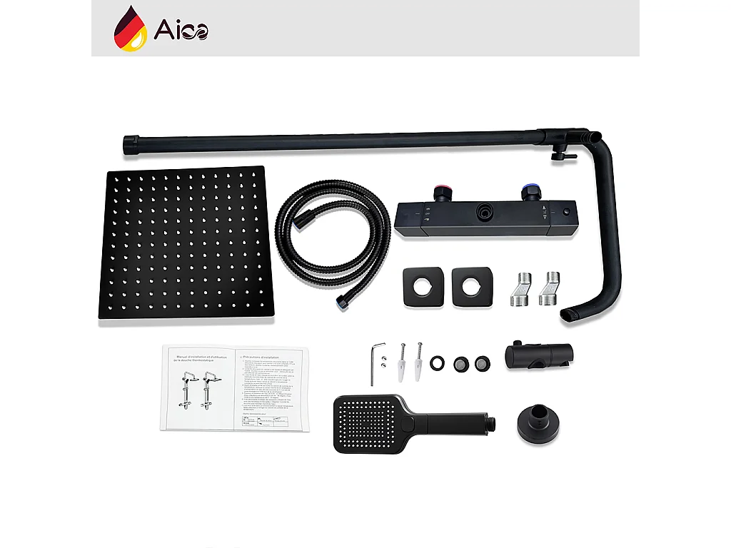 Colonna doccia rotonda completo di miscelatore termostatico rettangolo, soffione quadrato 30x30cm, nero