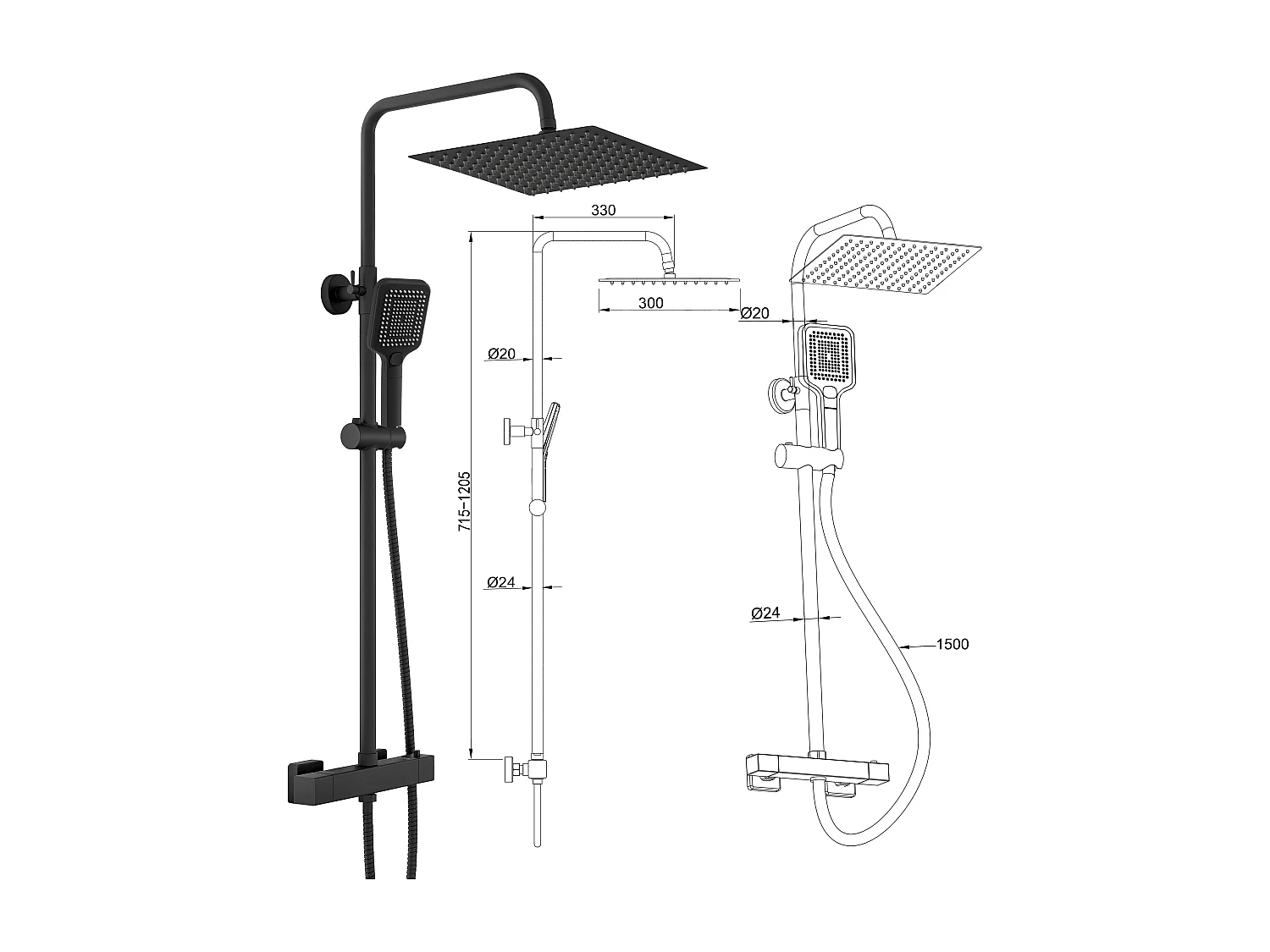 Colonna doccia rotonda completo di miscelatore termostatico rettangolo, soffione quadrato 30x30cm, nero