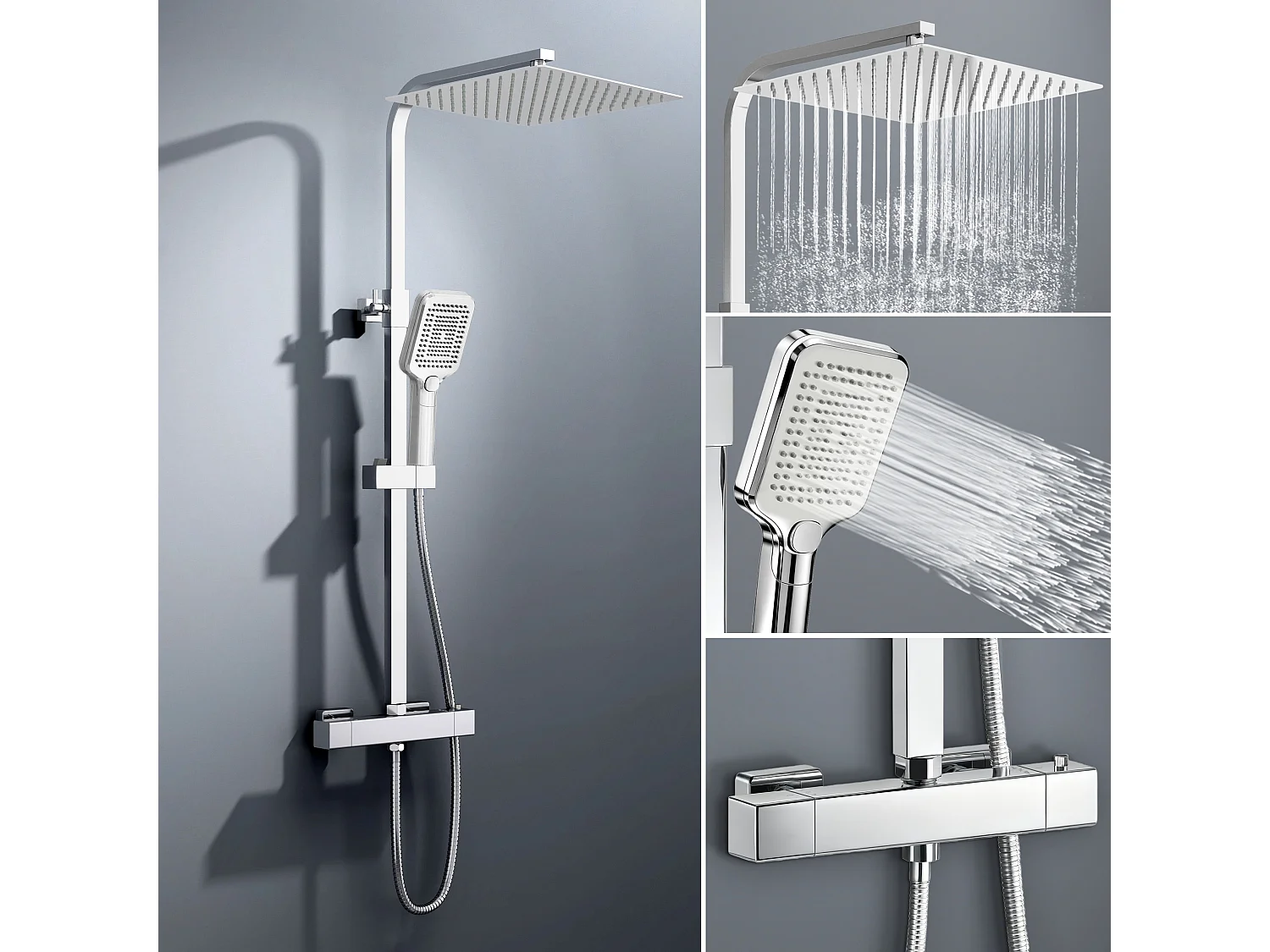 Colonna doccia con miscelatore termostatico, saliscendi doccia quadrato regolabile 73-115cm, cromo