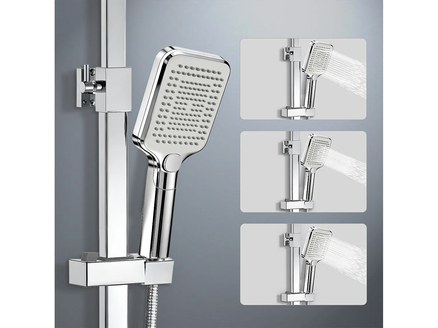 Colonna doccia con miscelatore termostatico, saliscendi doccia quadrato regolabile 73-115cm, cromo