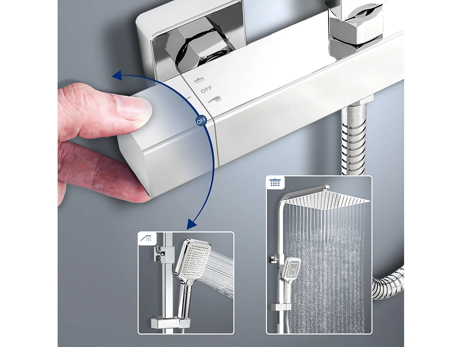 Colonna doccia con miscelatore termostatico, saliscendi doccia quadrato regolabile 73-115cm, cromo