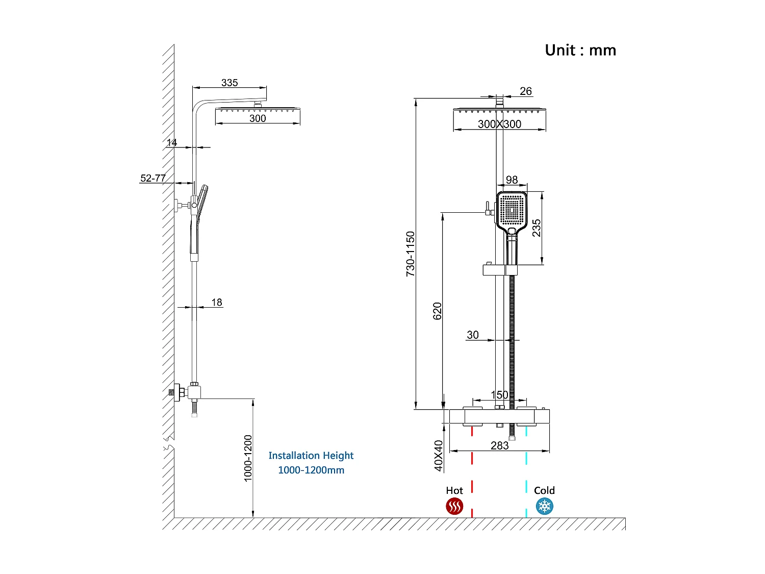 Colonna doccia con miscelatore termostatico, saliscendi doccia quadrato regolabile 73-115cm, cromo