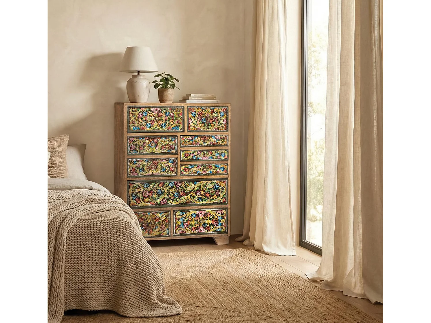Commode en bois de manguier 70 cm, style ethnique - 90 x 70 x 30
