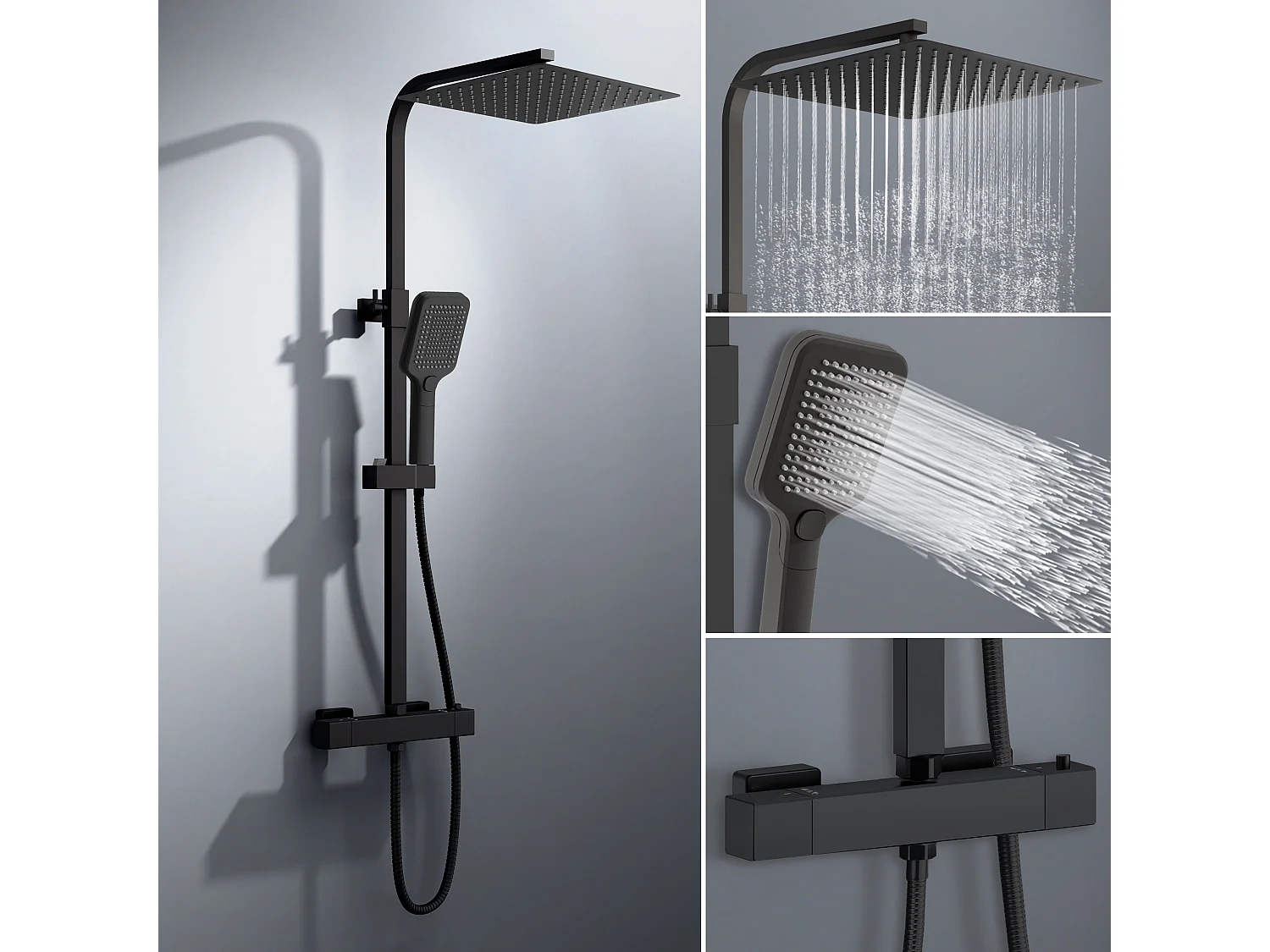 Colonna doccia con miscelatore termostatico, saliscendi doccia quadrato regolabile 73-115cm, nero