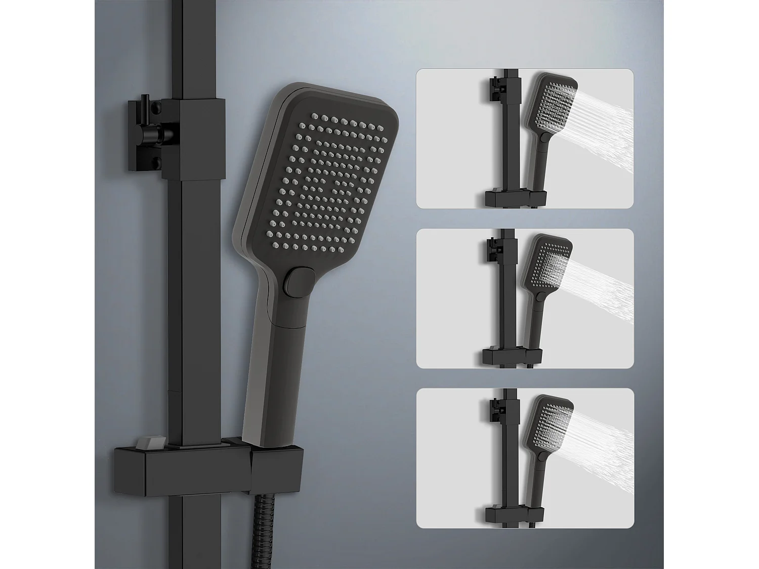 Colonna doccia con miscelatore termostatico, saliscendi doccia quadrato regolabile 73-115cm, nero