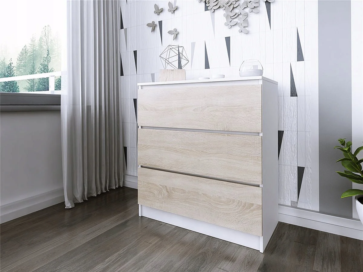 Komoda 3 Szuflady Zoe Biała Dąb Sonoma Do Sypialni 77 x 80 x 40 cm MDF