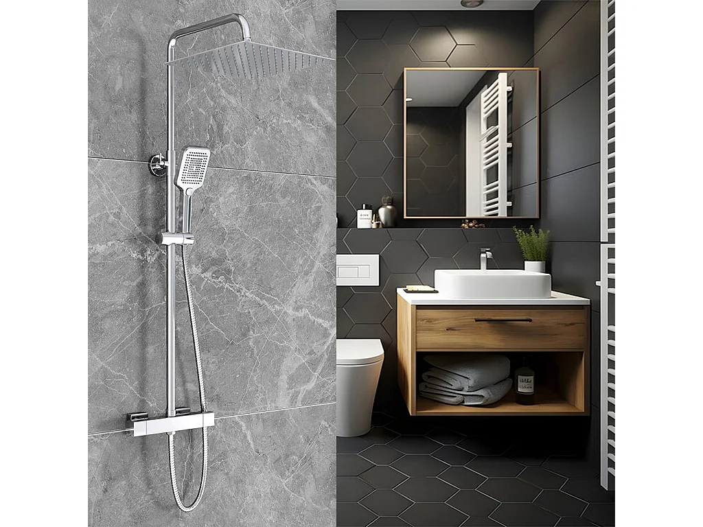 Miscelatore termostatico doccia con soffione 30x30cm e doccetta 25x10cm, colonna doccia cilindra cromo