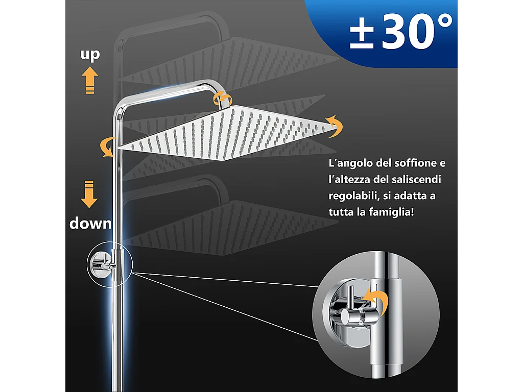Miscelatore termostatico doccia con soffione 30x30cm e doccetta 25x10cm, colonna doccia cilindra cromo