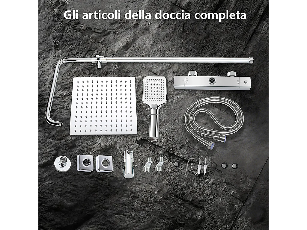 Miscelatore termostatico doccia con soffione 30x30cm e doccetta 25x10cm, colonna doccia cilindra cromo