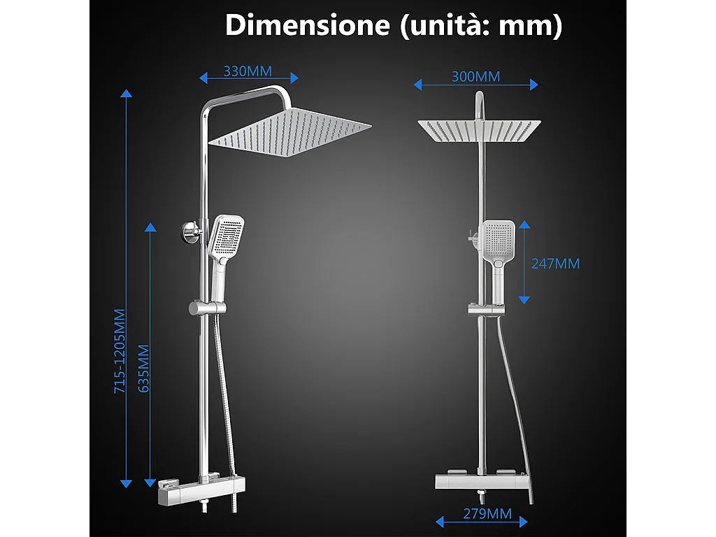 Miscelatore termostatico doccia con soffione 30x30cm e doccetta 25x10cm, colonna doccia cilindra cromo