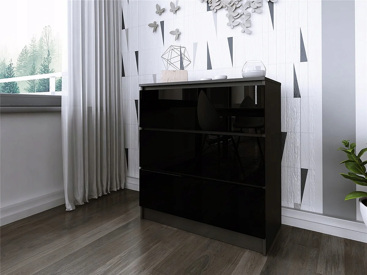 Komoda 3 Szuflady Zoe Czarna Czarny Połysk Do Sypialni 77 x 80 x 40 cm MDF