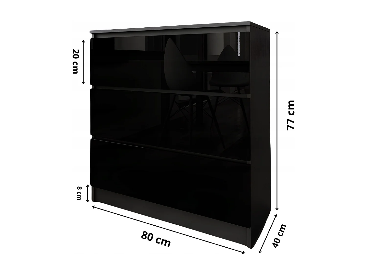 Komoda 3 Szuflady Zoe Czarna Czarny Połysk Do Sypialni 77 x 80 x 40 cm MDF