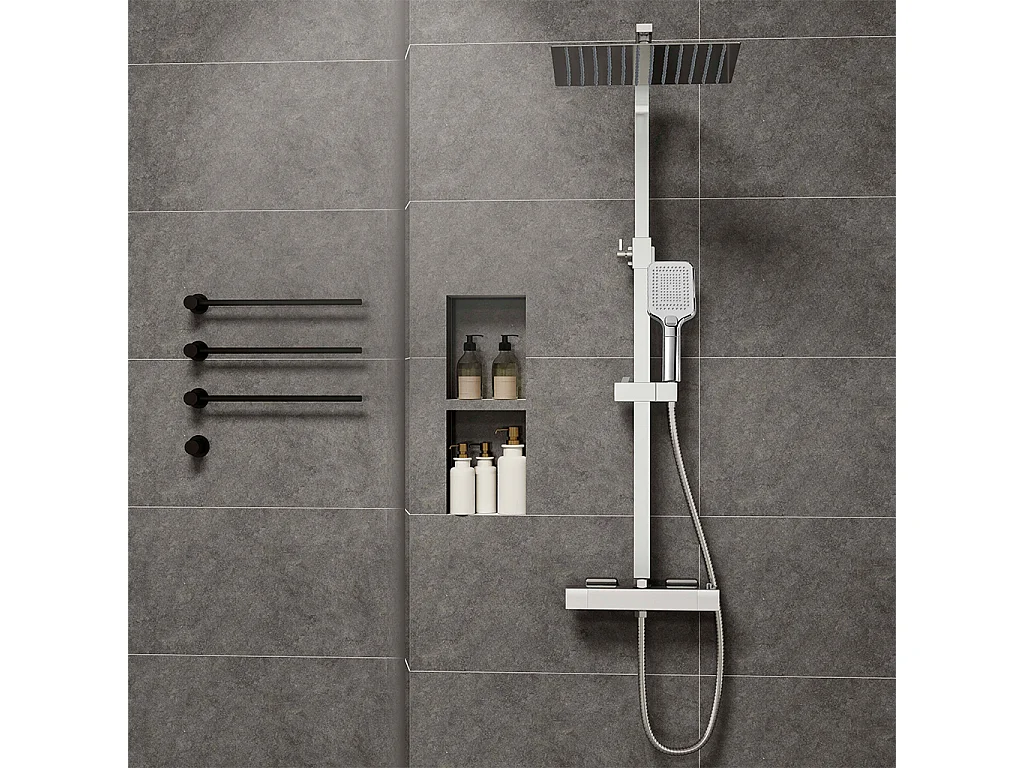 Grande soffione doccia 30x30cm con miscelatore termostatico e doccetta a 3 modi di getti, cromo
