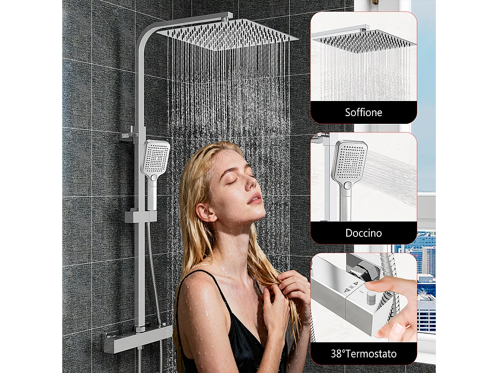 Grande soffione doccia 30x30cm con miscelatore termostatico e doccetta a 3 modi di getti, cromo