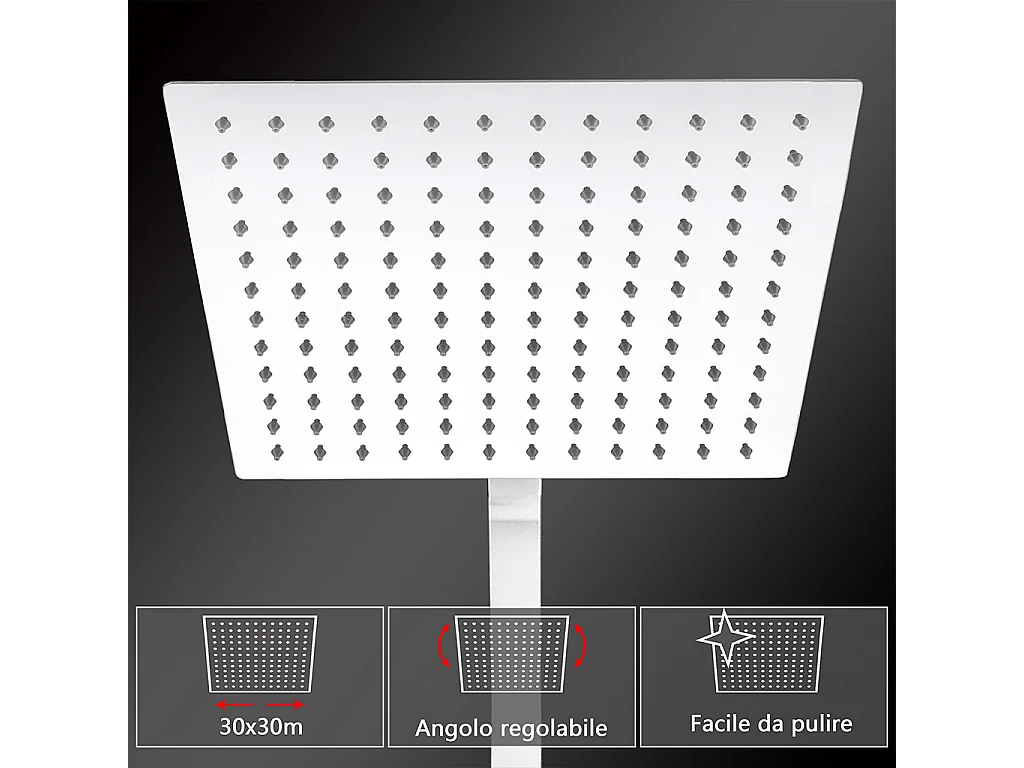 Grande soffione doccia 30x30cm con miscelatore termostatico e doccetta a 3 modi di getti, cromo