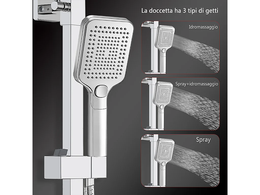 Grande soffione doccia 30x30cm con miscelatore termostatico e doccetta a 3 modi di getti, cromo