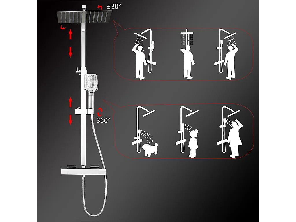 Grande soffione doccia 30x30cm con miscelatore termostatico e doccetta a 3 modi di getti, cromo