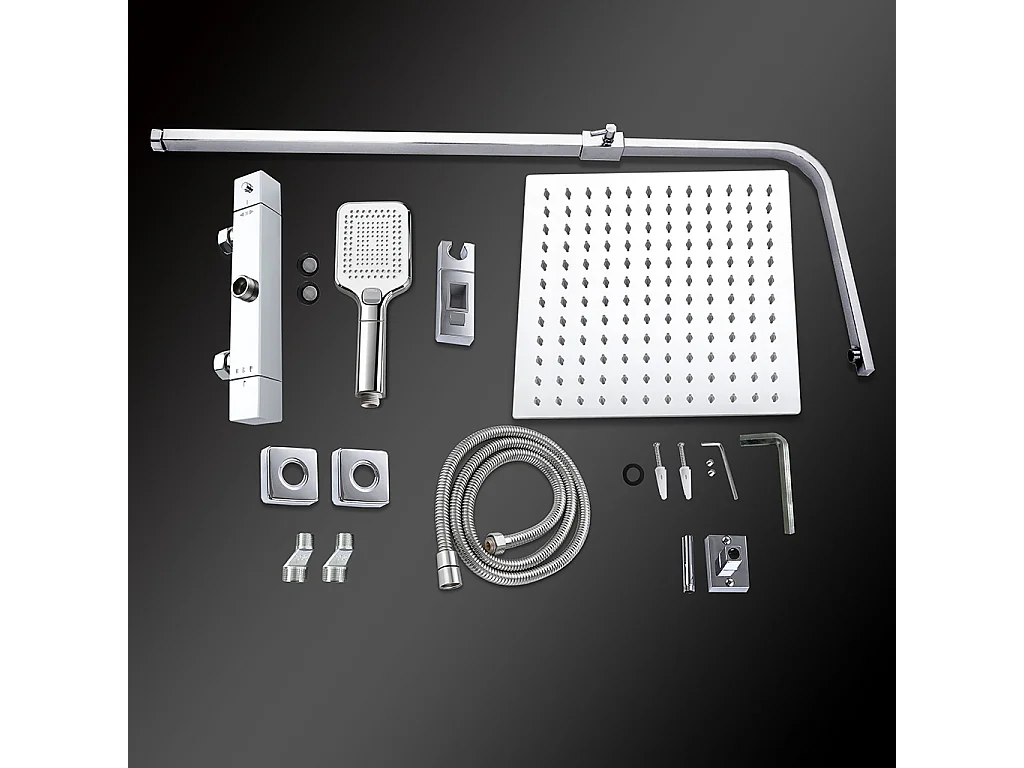 Grande soffione doccia 30x30cm con miscelatore termostatico e doccetta a 3 modi di getti, cromo