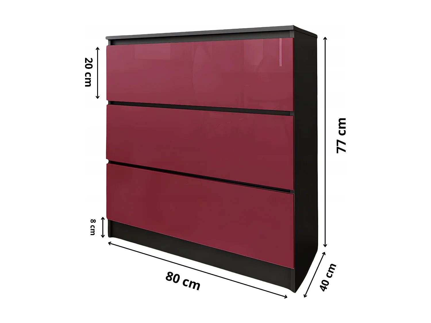 Komoda 3 Szuflady Zoe Czarna Czerwony Połysk Do Sypialni 77 x 80 x 40 cm MDF