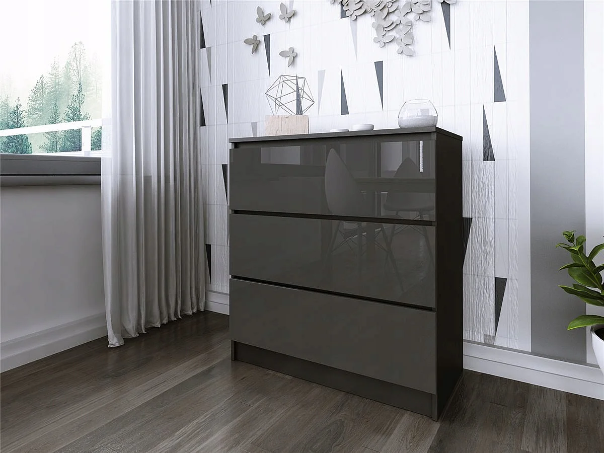 Komoda 3 Szuflady Zoe Czarna Szary Połysk Do Sypialni 77 x 80 x 40 cm MDF