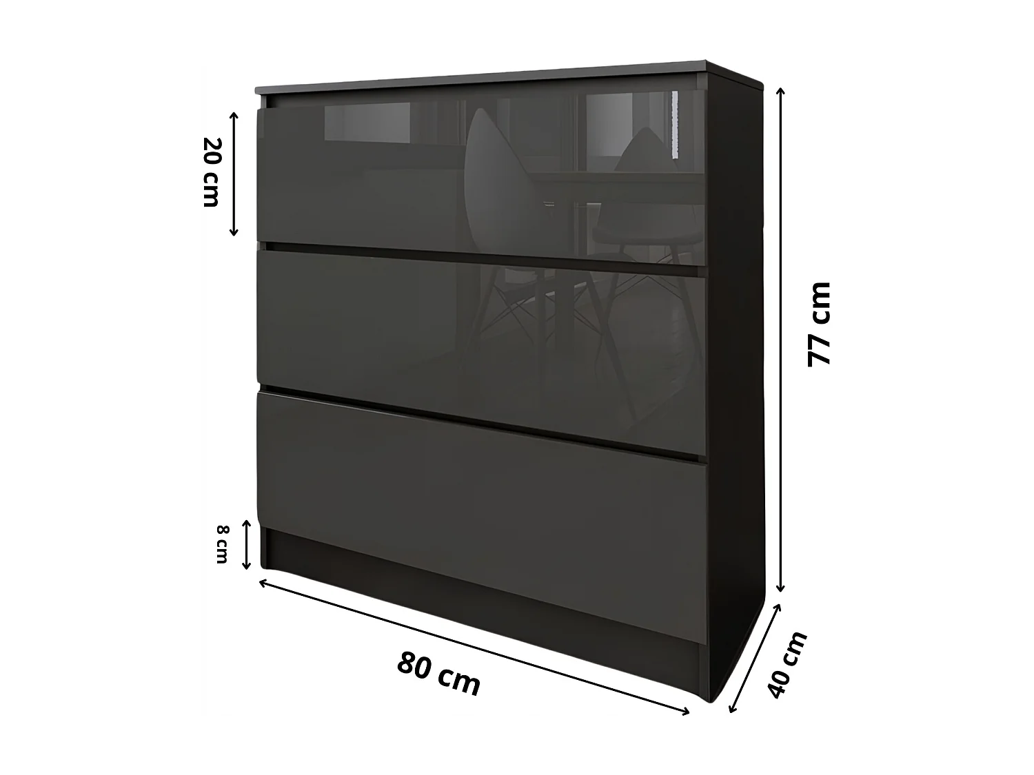 Komoda 3 Szuflady Zoe Czarna Szary Połysk Do Sypialni 77 x 80 x 40 cm MDF