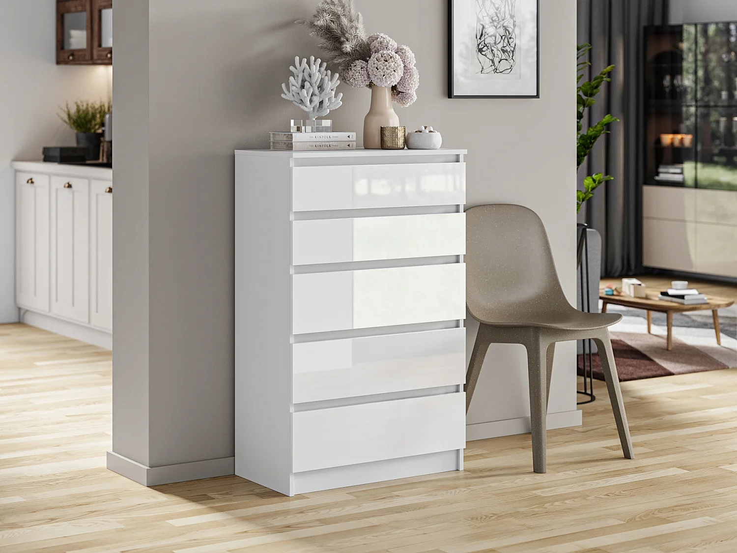Stylowa Komoda 5 Szuflad Biały Połysk Pari 5 Do Salonu 70 x 40 x 112 cm