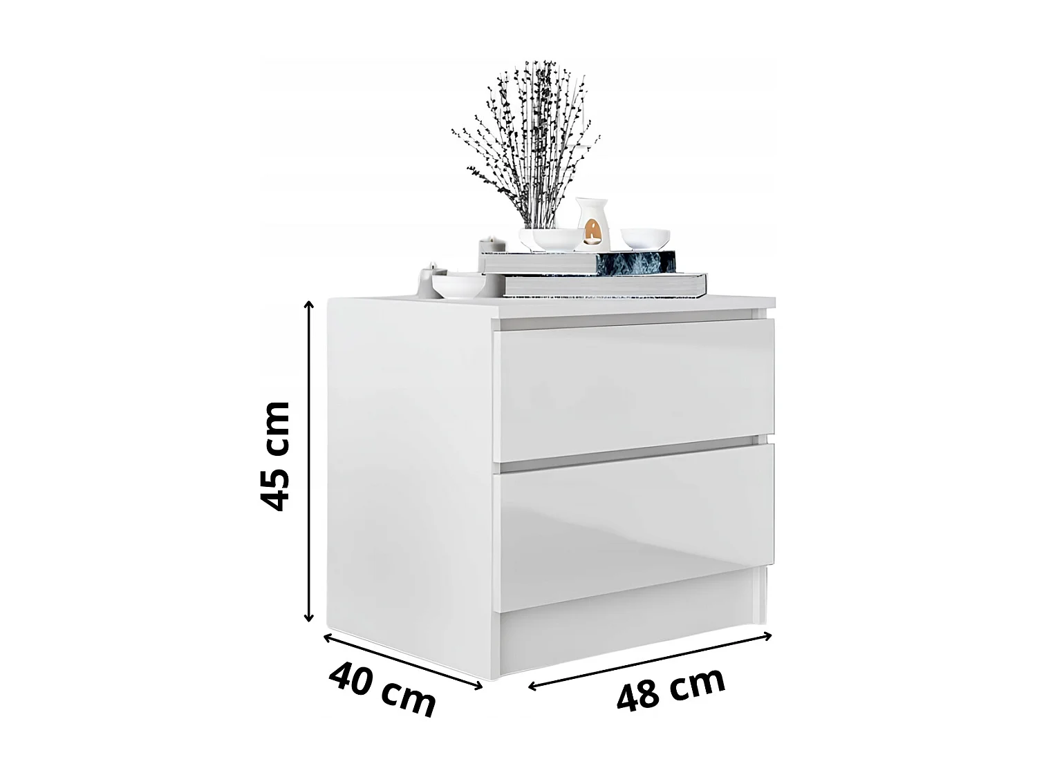 Szafka Nocna Stolik Nocny 45 x 48 x40 CM Biała Połysk MDF 2 Szuflady Biały