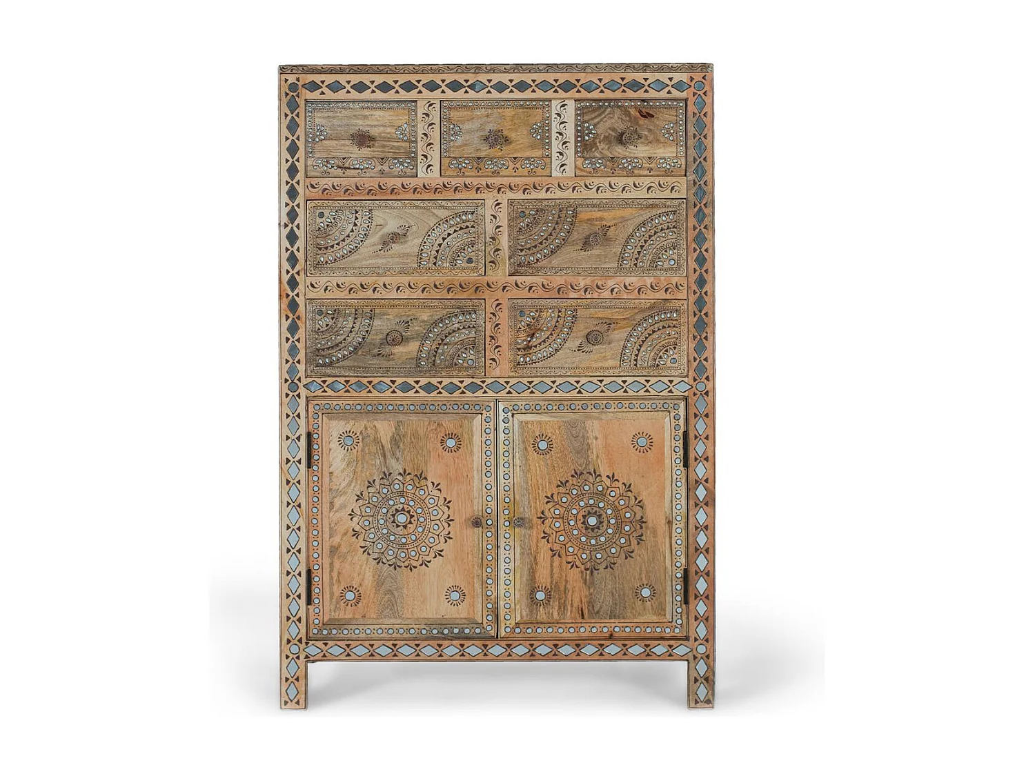 Commode à 7 tiroirs et deux portes en bois de manguier massif