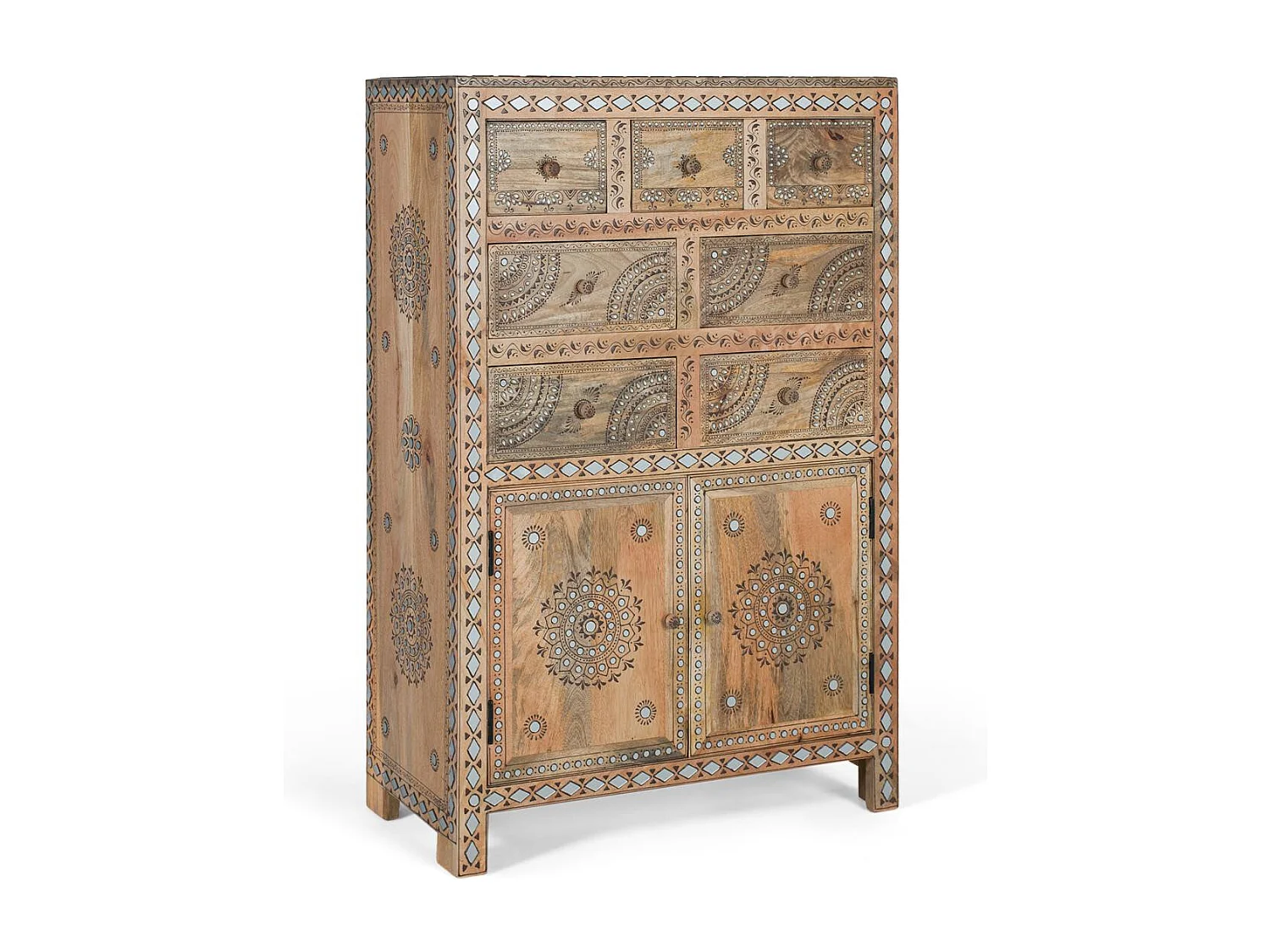 Commode à 7 tiroirs et deux portes en bois de manguier massif