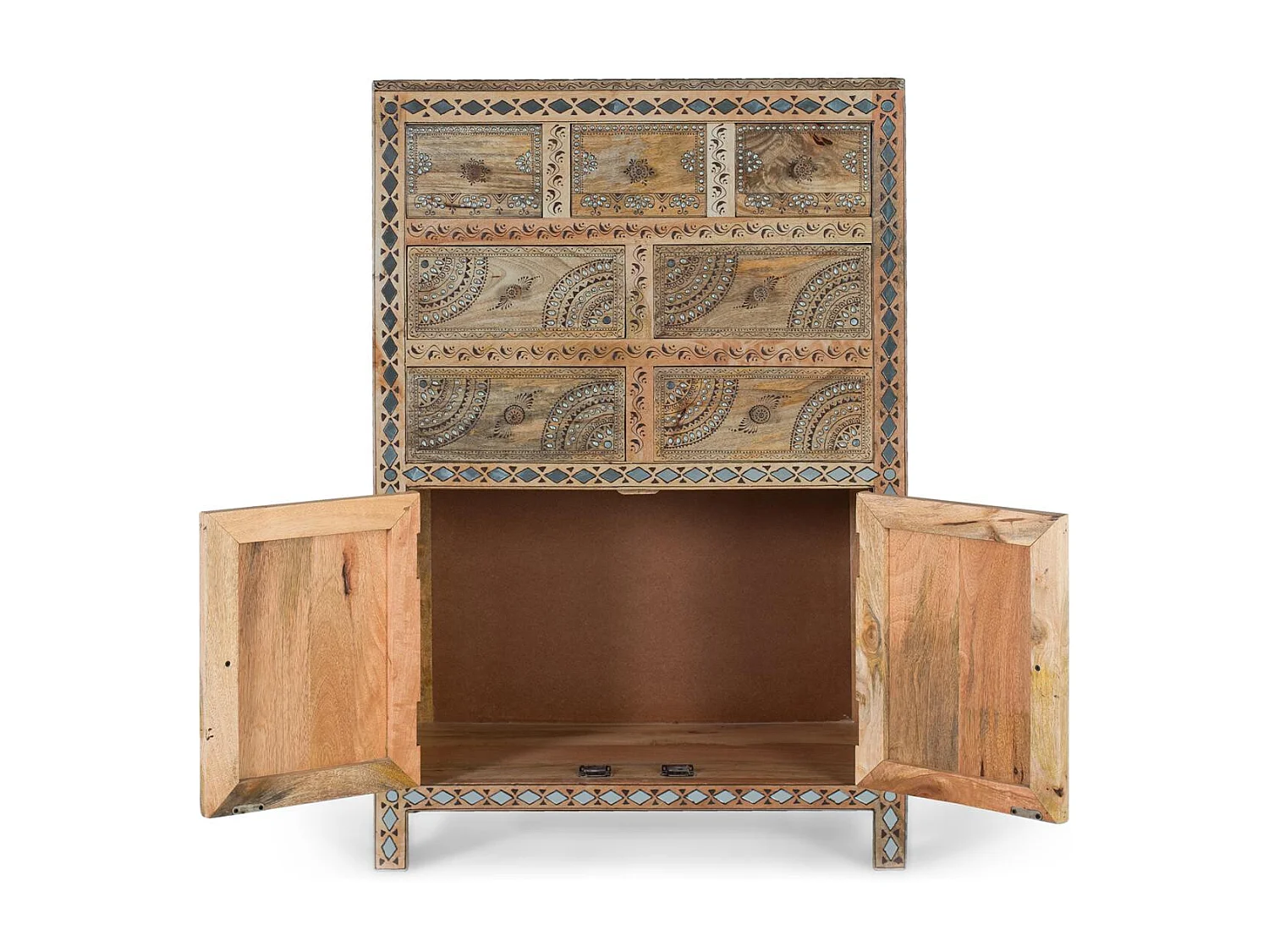 Commode à 7 tiroirs et deux portes en bois de manguier massif