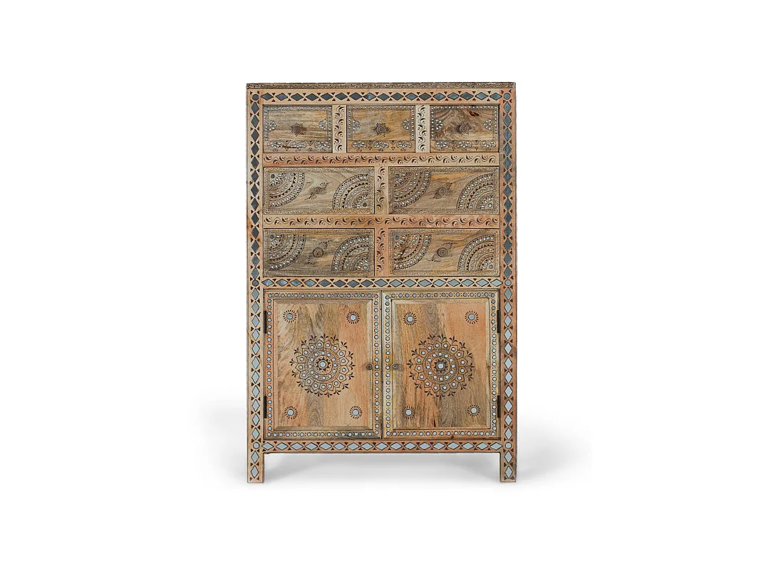 Commode en bois de manguier 80 cm, style ethnique artisanal - 122 x 80 x 40