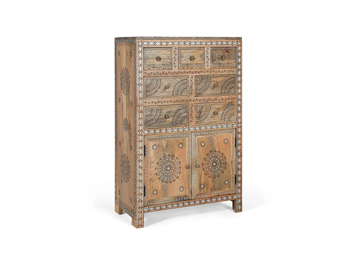 Commode en bois de manguier 80 cm, style ethnique artisanal - 122 x 80 x 40