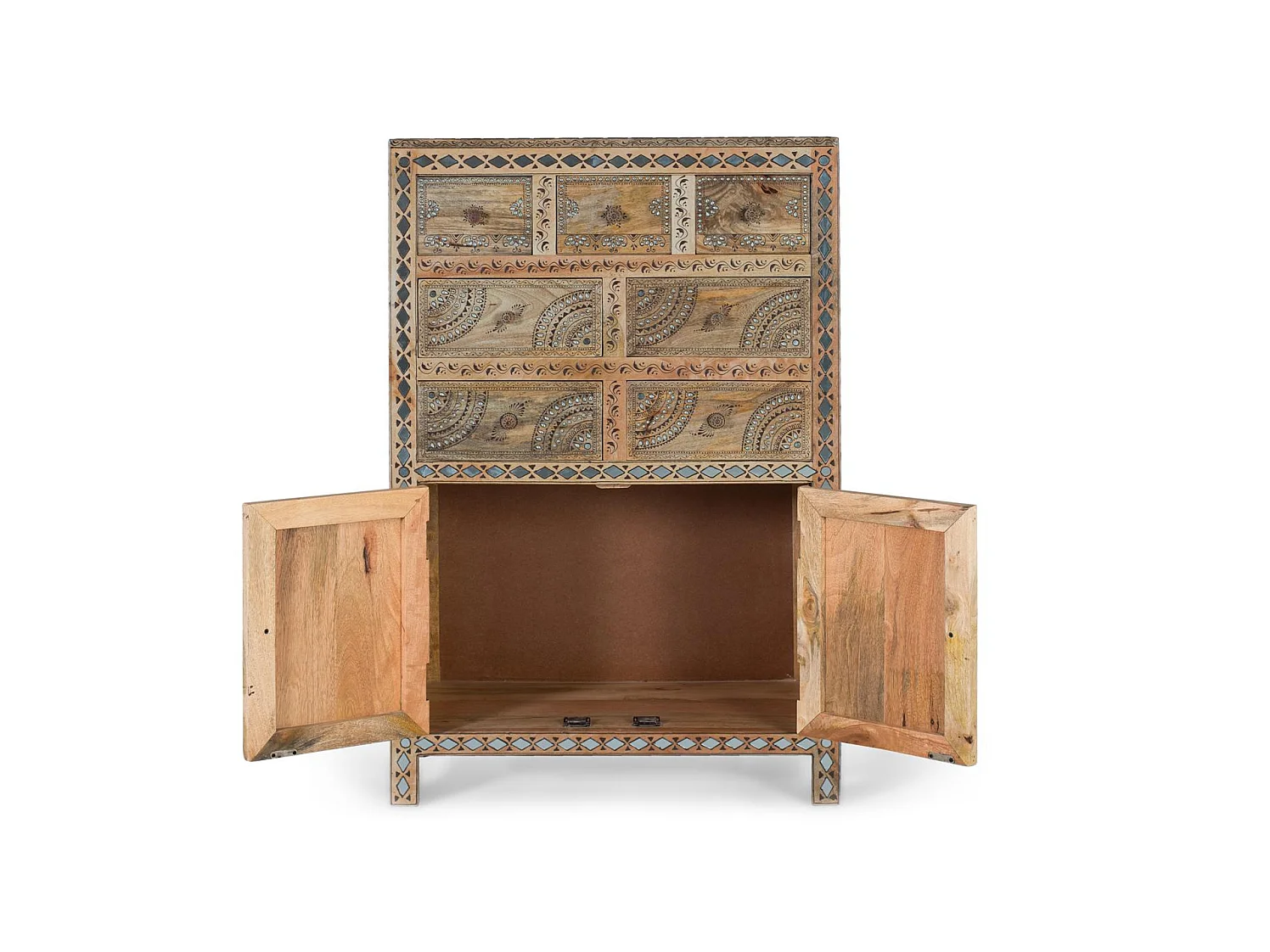Commode en bois de manguier 80 cm, style ethnique artisanal - 122 x 80 x 40